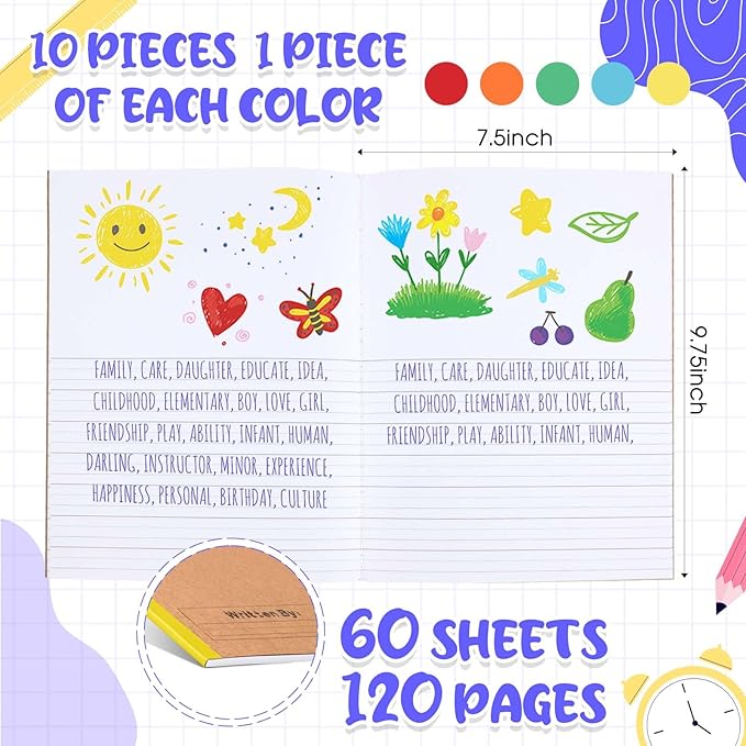 Henoyso 10 Pcs 120 Pages Primary Composition Notebooks K-2, Primary Journal Grades K-2, Writing Journal Practice Notebook for Kids in Preschool, Kindergarten, Back to School Supplies (Rainbow)