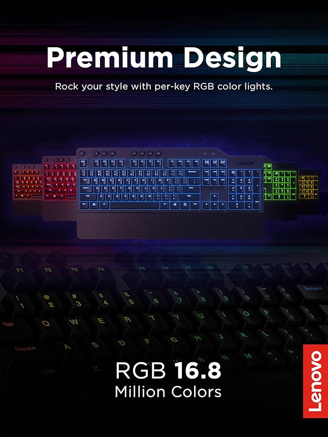 Lenovo GY40T26478 Legion K500 RGB Mechanical Gaming Keyboard, 3 ZONE Full-size Keyboard, 7 user Programmable Hot Keys; 16.8 Million Colors, 50 Million-Click Red Mechanical Keys, Detachable Palm Rest