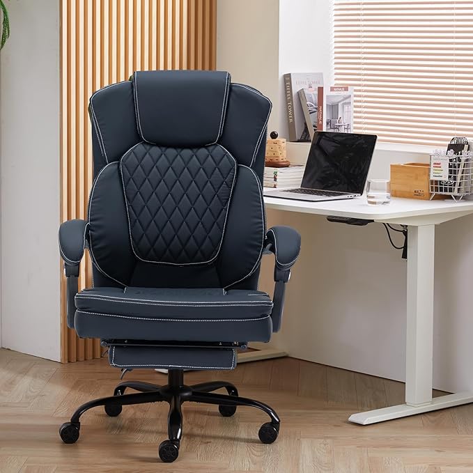 Ergonomic Office Chair with Foot Rest, Executive Chair with Footrest PU Leather Computer Chair, Big and Tall Chair Reclining Desk Chair, Thick Padded Coil Spring Seat, 400 lbs Capacity (Black)