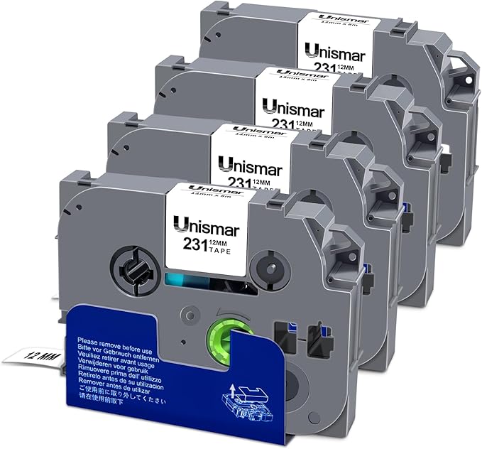 4-Pack TZe-231 Compatible for Brother P Touch Label Maker Tape TZe 12mm 0.47 Laminated White TZ-231 TZe231 Label Tape Refills for Ptouch PTD220 PT-D220 D202 D210 D600 D400 H100 H1101280 Label Maker