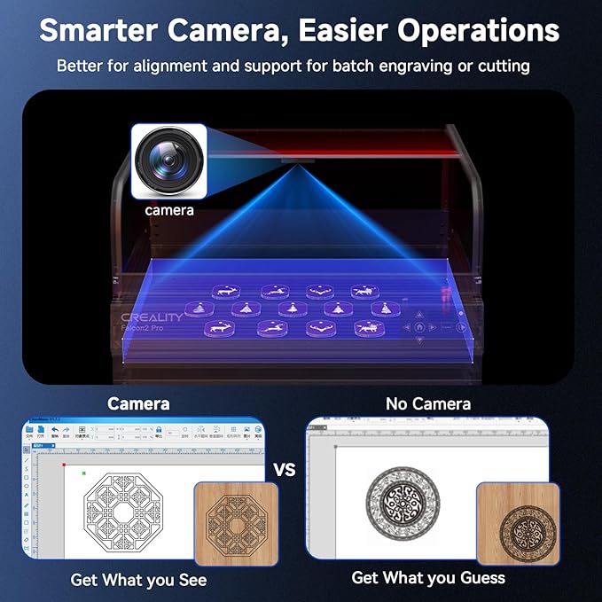 Creality Laser Engraver Enclosed, Falcon2 Pro 60W Output Laser Engraving Machine, 25000mm/min Speed Laser Cutter with Air Assist, Auto Fan, Camera Positioning for Wood and Metal