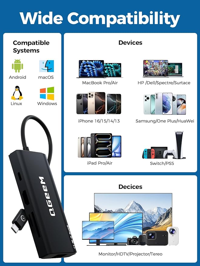 QGeeM USB C Hub Ethernet,9 in 1 USB Type C Hub HDMI Multi-Port Converter Adapter,100W Pd, USB 3.0,SD/TF Card Reader,Compatible for MacBook Pro Air Ipad HP Dell Lenovo Chromebook etc.-Black