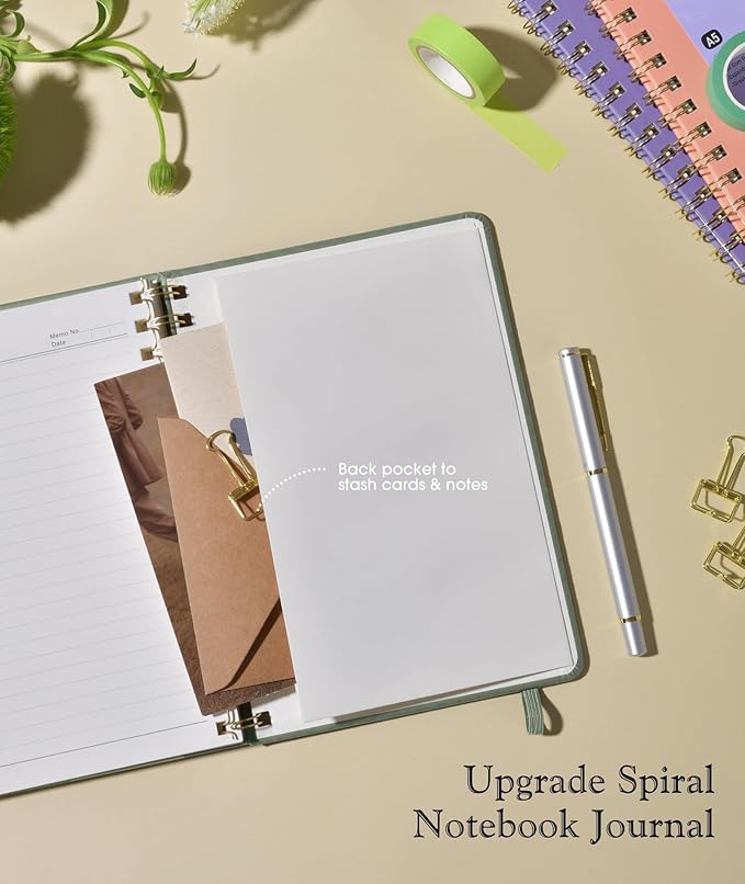 Lined Spiral Journal Notebook, A5 Hardcover Spiral Journals for Women Men, 150 Numbered Pages Spiral Bound Notebook, 100 GSM College Ruled Notebooks for Writing Note Taking 5.75" x 8.38", Sage Green