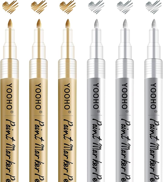 Paint Pen Gold Silver Metallic Permanent Acrylic Markers Set for Fabric Glass Rock Wooden Ceramic Leather Tire Painting, 0.7mm Extra Fine Tip (3pcs Gold+3pcs Silver)