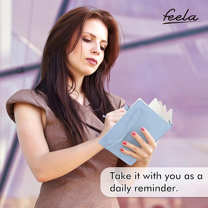 feela 8 Pack Notebooks Journals Bulk, Hardcover Notebook Classic Ruled Lined Journals with Pen Holder for Women Girls School Business Supplies, with 8 Black Pens, 120 GSM, 5.1”x8.3”, A5, Light Blue