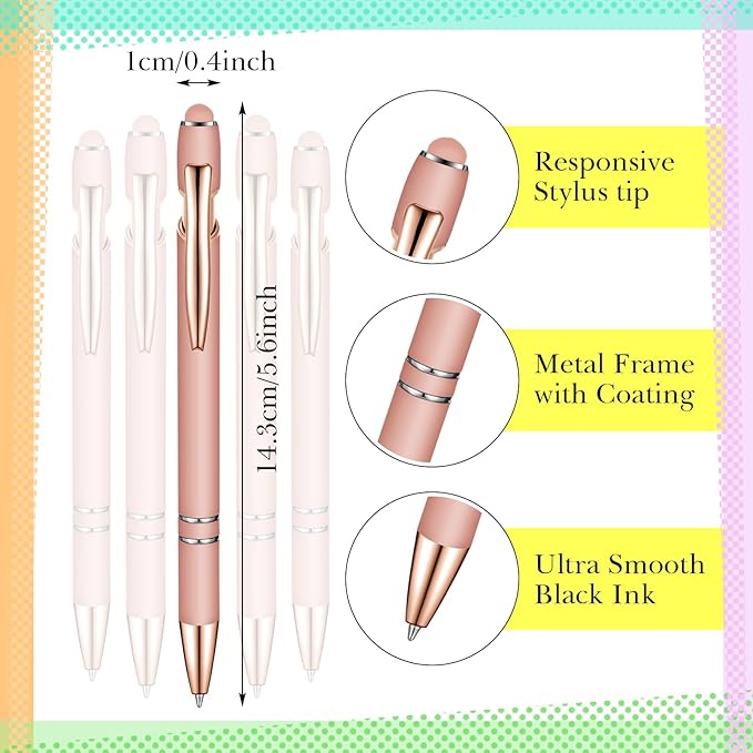 Zonon 38 Pieces Rubberized Ballpoint Pen with Stylus Tip Stylish Metal Pen Capacitive Styli with Soft Rubberized Grip, Black Ink for Most Devices(Rose Gold)