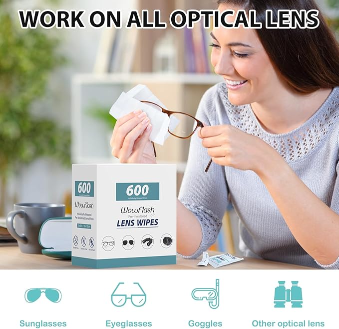600 Count Lens Wipes for Eyeglasses, Eyeglass Lens Cleaning Wipes Pre-moistened Individually Wrapped Sracth-Free Streak-Free Eye Glasses Cleaner Wipes for Sunglass, Camera Lens, Goggles