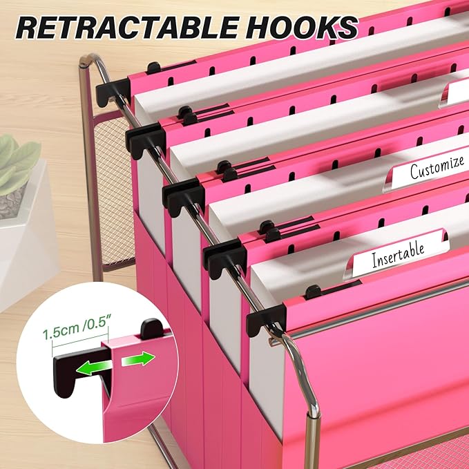 Ansook Plastic Hanging File Folders,Letter Size,Extra Capacity, 2" Expanding Accordian Pocket,Heavy Duty for Filing Cabinet,Hard and Durable Hang Folders Organizer,Letter Size,Pink - 12 Pack