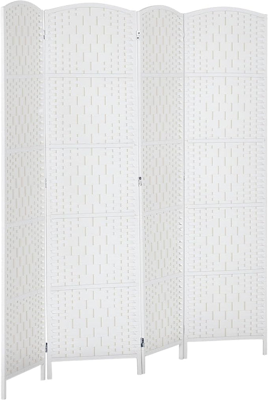 HOMCOM Room Divider, 4 Panel Folding Privacy Screen, 6FT Tall Portable Wicker Weave Partition Wall Divider for Bedroom, Home Office, White