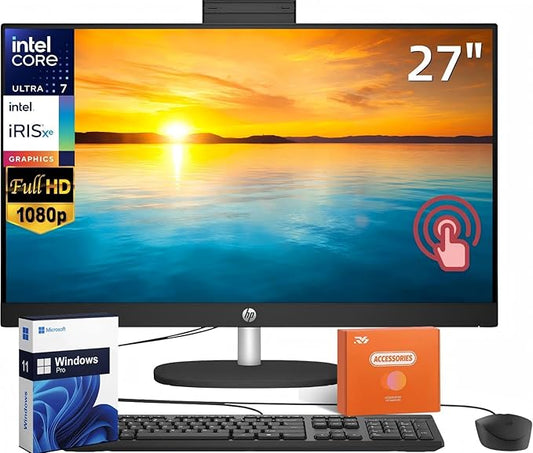 HP 27" FHD Touchscreen Business All-in-One Desktop Computer, Intel 12-Core Ultra 7 155U (Beats i7-1355U), 64 GB DDR5 RAM, 2 TB SSD, Intel Iris Xe Graphics, Wired KB & Mouse, Wi-Fi 6, Windows 11 Pro