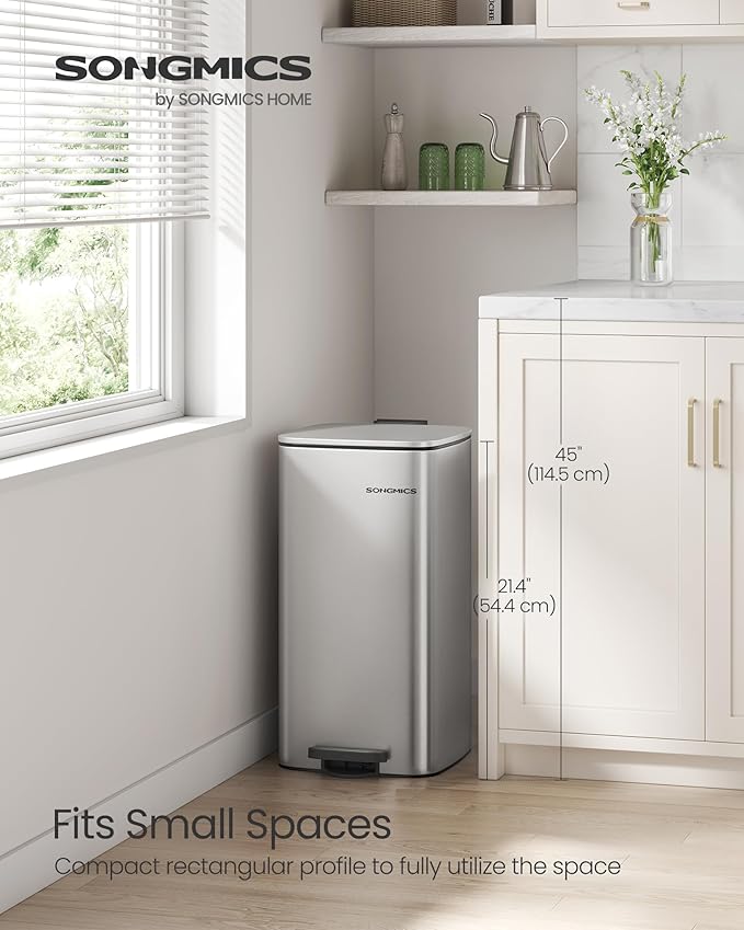SONGMICS Kitchen Trash Can, 8-Gallon (30 L) Trash Bin, Stainless Steel Garbage Can, with Inner Bucket, Soft Close and Stays Open, Metallic Silver ULTB593E01