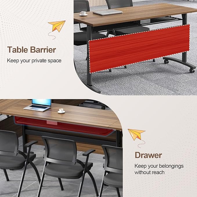 Folding Conference Room Table, Modern Conference Tables with Wheels, Large Rectangular Mobile Training Tables for Office Classroom, Foldable Modular Boardroom Seminar Table Walnut (4pack L55.1in)