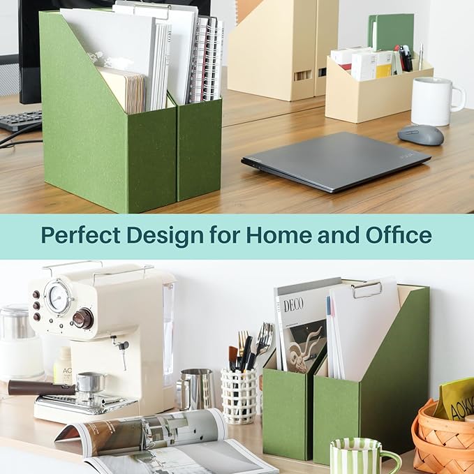 Magazine Holder - File Holder and Desk Organizer, Cardboard Book Organizer and Storage Box for Documents, Magazine Holder Rack for Office, Home and Classroom (Leaf Green, 6-Pack)