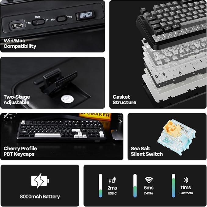 EPOMAKER TH99 Wireless Mechanical Keyboard with Lubed Silent Switch, Quiet Gaming Keyboard, 8000mAh,Creamy Gasket,RGB Backlit,Numpad,PBT Keycap,Hot Swappable,for Gamers/Office (Black)