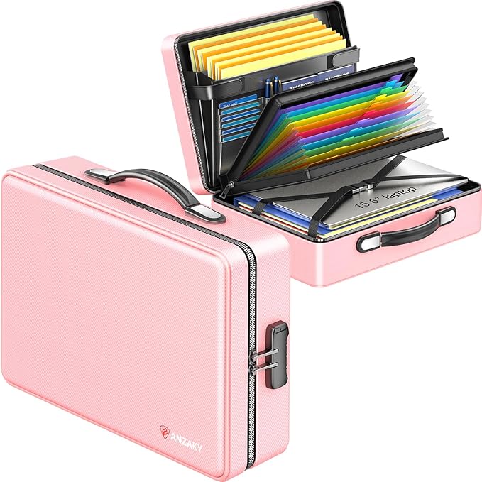 Fireproof Document Box with Fireproof Zipper, Hard Inner Shell Fireproof Document Bag with Lock, Fireproof Water Resistant Important Document Organizer 16 inch Laptop File Briefcase (Pink)