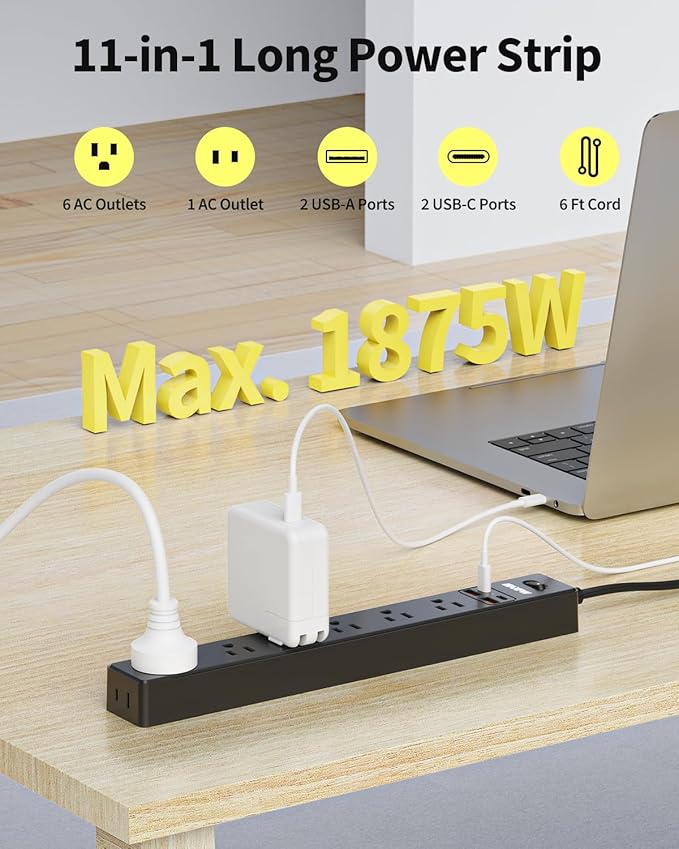 6 Ft Power Strip Surge Protector - 7 Outlets 4 USB Ports (2 USB C), Ultra Thin Flat Extension Cord & Flat Plug, 1700 Joules, Wall Mount, Desk Charging Station for Home Office Dorm, Black