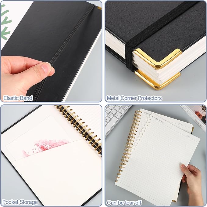 Spiral Notebook 8.3” x 11.6”, 300 Pages/150 Sheets College Ruled Notebook A4 Journaling Notebook with Index Sticker, Back Pocket, Elastic Band for Work Business School Note Taking, Black