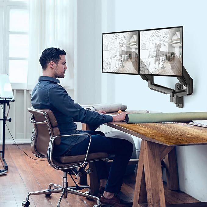 HUANUO Dual Monitor Wall Mount with Gas Spring Arms - 17-32 Inch Computer Screen Mount (4.4-17.6lbs Per Arm) - VESA 75x75/100x100 Height Adjustable Stand for Dual Monitors - Home Office Desk Setup