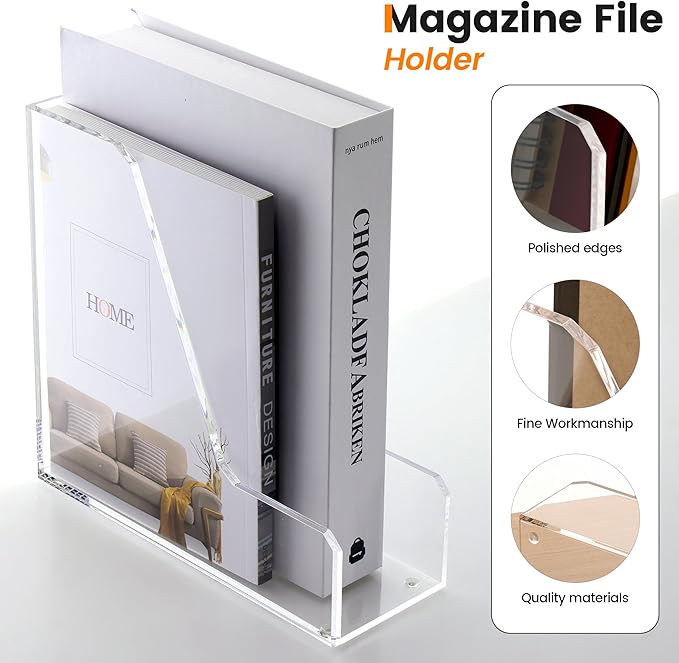 Acrylic Magazine Rack File Holder Desk Organizers and Storage 2-Pack Small Clear Acrylic Vertical Magazine Holder Book Stand for Office Desk