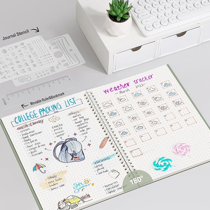 AHGXG Bullet Dotted Journal - Dot Grid Spiral Notebook B5, 140 Pages, 100 GSM Thick Paper, Waterproof Plastic Cover Journals for Bullet Journaling, Sketching, 7.6" x 10", Sage Green