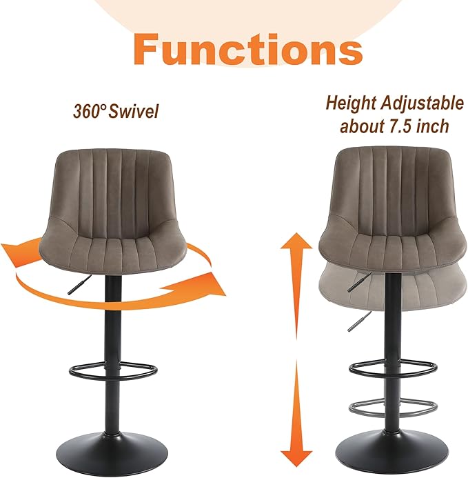 Bar Stools Set of 2, Swivel Counter Height Barstools with Back, Adjustable Faux PU Leather Bar Chairs, Modern Armless Kitchen Island Stool, Brown