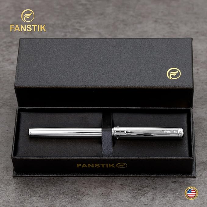 Customized Silver Luxury fountain pen (Made In USA) fancy gift set for women, Chrome Finish, Professional executive pen gift set for men (Lux Custom-fountain Silver)