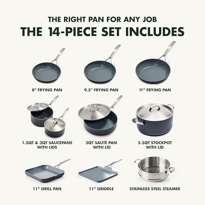 GreenPan Paris Pro Hard Anodized Healthy Ceramic Nonstick, 14 Piece Cookware Pots and Pans Set with Stainless Steel Lids, PFAS-Free, Dishwasher Safe, Grey