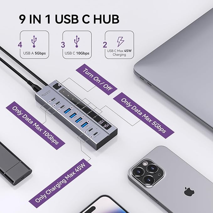 Minisopuru Powered USB C Hub – Support Max 45W Charging with 72W Power Adapter, 10Gbps Data Transfer, USB-C Powered Hub for Laptop, MacBook,iPad (Not for Monitor)