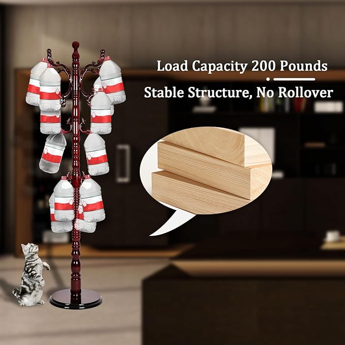 Coat Racks Free Standing with 14 Hooks, Natural Wood Coat Rack with Solid Round Base, Adjustable Height Coat Racks, Easy Assembly for Hallway, Bedroom and Office (Reddish brown)