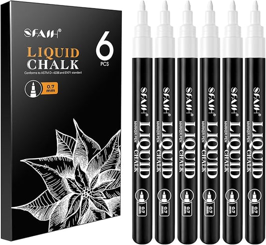 SFAIH White Liquid Chalk Markers - 6 Pack 0.7mm Fine Tip Wet Erase Chalkboard Markers for Signs, Windows, Glass, Chalk Pens with 20 Chalkboard Labels, Non Toxic