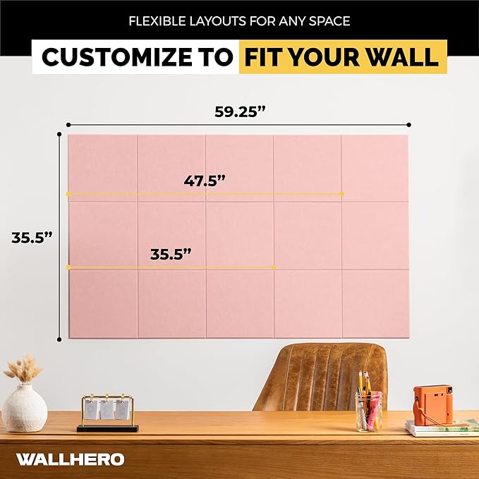 Cork Board for Office, 59" x 36" | 15 Pack | Cork Board Tiles, Large Vision Board, Wall Board, Large Corkboard, Cork Panel, Felt Wall Panels, Cork Panels, Corkboard Roll (Pink)