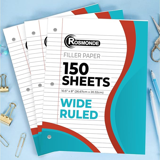 6 Pack Loose Leaf Paper, 900 Sheets, Wide Ruled Paper, 8" x 10.5", Bulk Notebook Paper, 150 Sheets/Pack, Fits Standard 3 Ring Binders, Wide Ruled Filler Paper for School, White Notebook Paper
