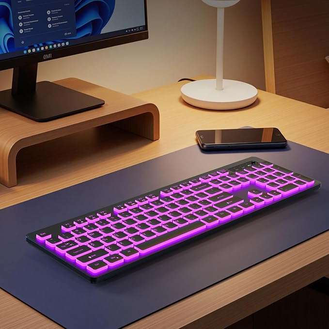 Backlit Wireless Keyboard, 2.4G Silent Wireless Light Up Keyboard, Full Size Computer Keyboards with 7 Colored Backlits, Rechargeable Keyboards for Windows, PC, Laptop (Black, Normative)
