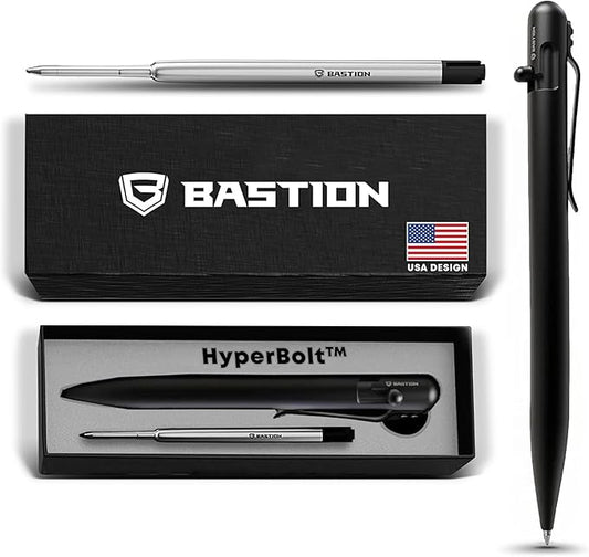 BASTION® Luxury Slim Bolt Action Pen, Durable EDC Pen with Fine Tip, Professional Ballpoint Pen for School and Work - Stainless Steel Black