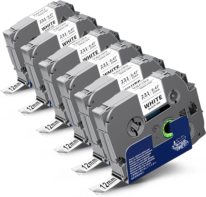 6-Pack Tze231 12mm Label Maker Tape Compatible for Brother P Touch Label Tape 12mm 0.47 White Tze-231 Tz231 Tze Tz 12mm 1/2" Laminated White for PT-D210 PT-D202 PT-D220 PT-D410 PTD600 PTD400