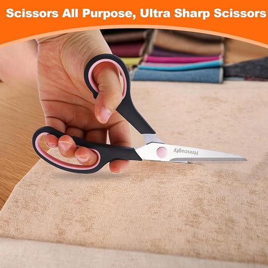 Scissors for Office School Supplies, Hnncugty 8" Scissors All Purpose Bulk Set of 6-Pack, Sharp Shears for Home Craft Sewing Fabric Middle School Student Teacher Supplies, Comfort Right/Left Handed