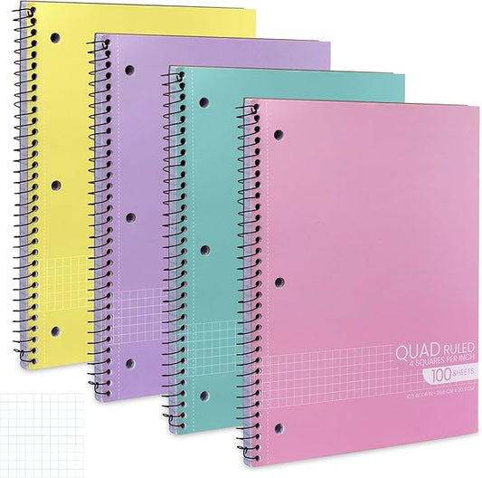 Manaloom Graph Paper Notebook Bright Colors, Quad Ruled Grid spiral Notebooks, 10.5 x 8 in, 100 Sheets, Perforated – Math, STEM, Class Notes, School & College Use – Assorted Colors, 4 Pack