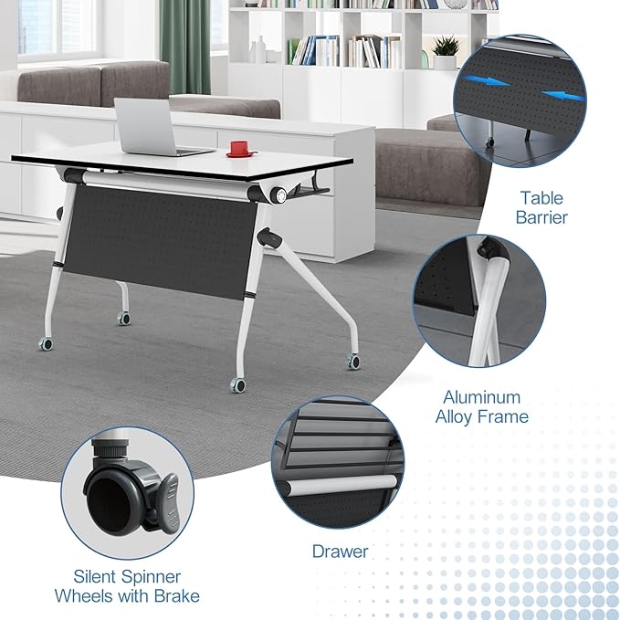 Conference Table, Folding Conference Room Tables, Mobile Training Tables with Silent Wheels, Large Rectangular Modular Seminar Table Office Computer Desks for Classroom White (8Pack L55.1in)
