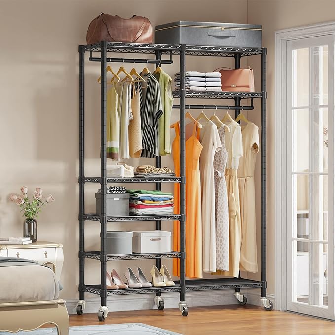 VIPEK R4 Garment Racks Heavy Duty Clothes Rack -620lb Capacity Metal Frame, Rolling Lockable Wheels & 6 Tiers Adjustable Height Shelves & Hanger Rods, Sturdy Wardrobe Closet for Home Storage, Black