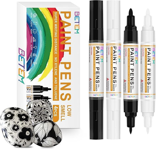 Betem 4 Count Dual Tip Oil Based White Black Paint Markers Pens(0.7mm & 3mm), Permanent Paint Marker, Waterproof, Quick Dry, for Rock Painting, Wood, Plastic, Metal, Canvas(2White 2Black)
