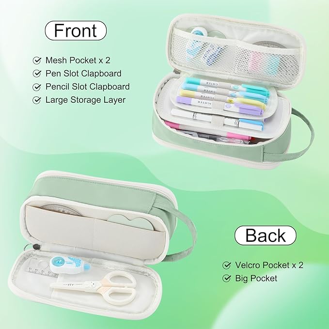 Pencil Case Large Zipper Pencil Pouch for Girls Kids Teens Adults Aesthetic Pencil Bag Stationery Organizer Pen Pencil Case with Handle for School Green