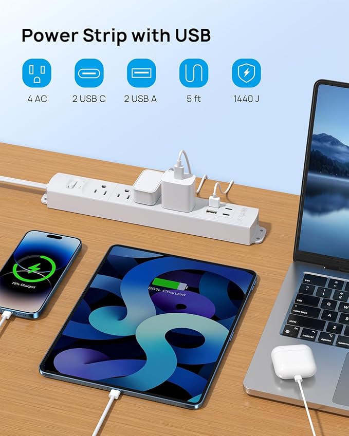 TROND Flat Plug Power Strip USB-5ft Flat Extension Cord Surge Protector Wall Mount, 2 Type C & 2 USB A Ports with Multiple Outlets, 1440J, 1625W for Office Supplies Dorm Room Essentials, White