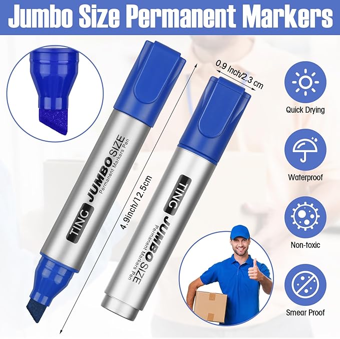 Fuutreo 32 Pcs Jumbo Permanent Markers Bulk Large Chisel Tip Permanent Markers Waterproof Jumbo Pens Quick Drying Office Teacher Supplies(Blue)