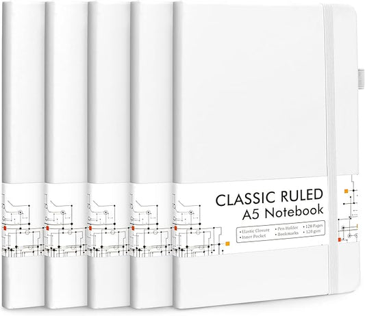 feela 5 Pack Notebooks Journals Bulk, Hardcover Notebook Classic Ruled Lined Journals with Pen Holder for Women Girls School Business Supplies, with 5 Black Pens, 120 GSM, 5.1”x8.3”, A5, White