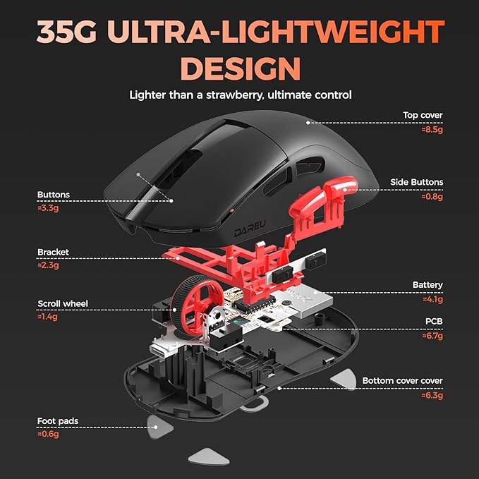 DAREU A950 Wing 8K Lightweight Wireless Gaming Mouse 1.23oz (35g), Custom PAW3950 30K Optical Sensor, Wired/Wireless Dual 8k Polling Rate, Symmetrical, 5 Programmable Buttons,70H Battery