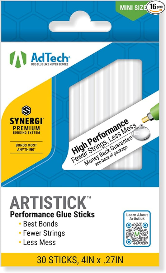 AdTech Mini Artistick 4" High Performance Stringless Hot Glue Sticks - 30 Sticks, Hi-Temp, Strong Bonding for Crafts, Repairs, and DIY Projects