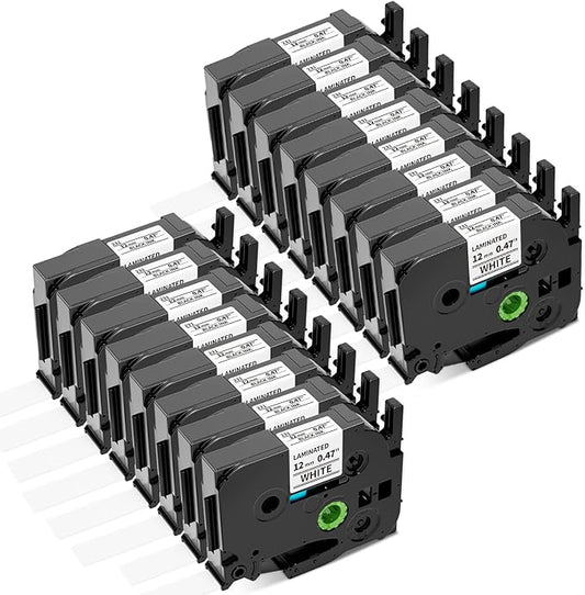 Airmall Tze 12mm 0.47 Laminated White Label Maker Tape Refill Compatible with Brother 12mm .47 Laminated White Tz Tape TZe-231 TZ-231 for PT-D200 D210 D220 H110 D410 P710BT 1750 1180 1880, 16-Pack