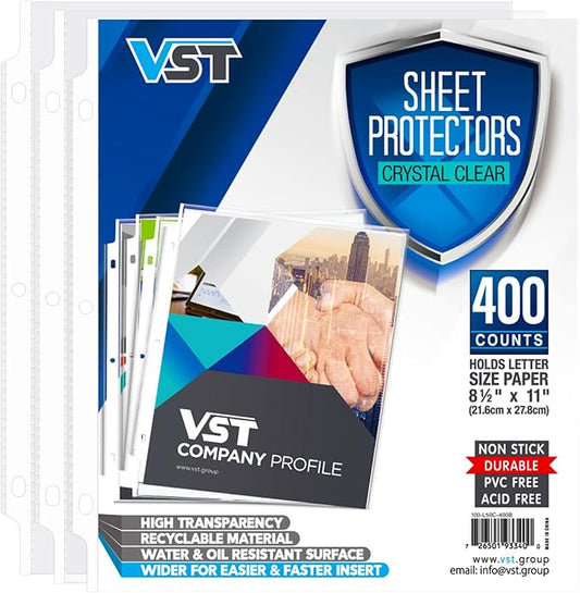 VST Sheet Protectors 8.5 x 11 Inch for 3 Ring Binder, Crystal Clear Page Protectors, Medium Weight Plastic Sleeves, Top Loading Paper Protector Acid Free, Letter Size, Dry Erase Pocket, 400 Sheets
