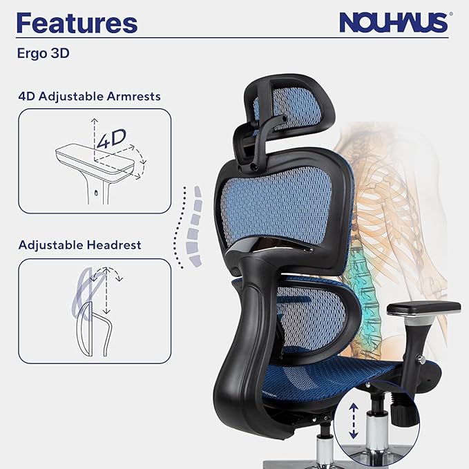 Nouhaus Ergo3D Ergonomic Office Chair Lumbar Support Mesh Office Chair with 4D Adjustable Armrest, Adjustable Headrest and Wheels, Mesh High Back Home Office Desk Chairs(Blue)