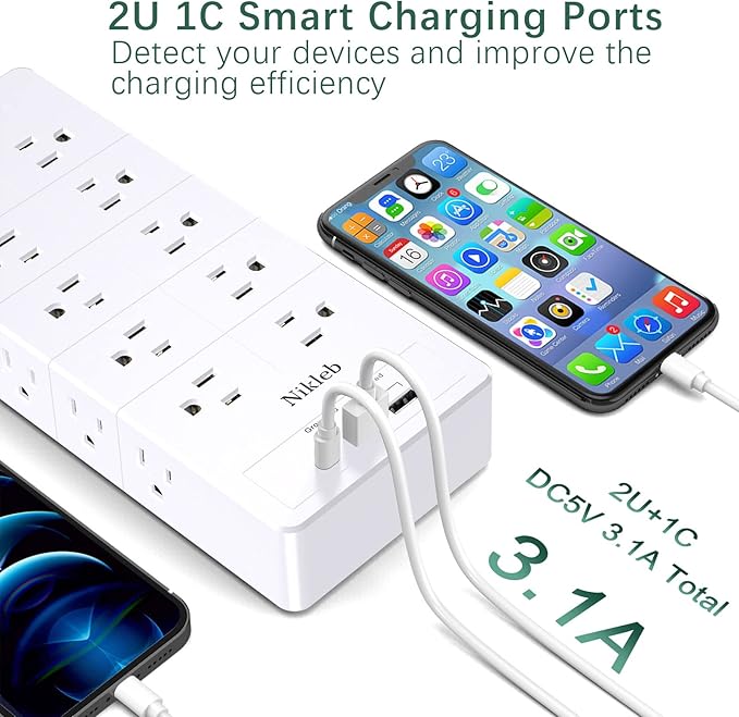 Power Strip Surge Protector 23 in 1, 6ft Extension Cord with 3 USB Ports Smart 3.1A, Multiple Outlet Adapter 20 Outlets, Outlet Extender Cord Organizer for Office, College, Apartment, Gaming Stuff